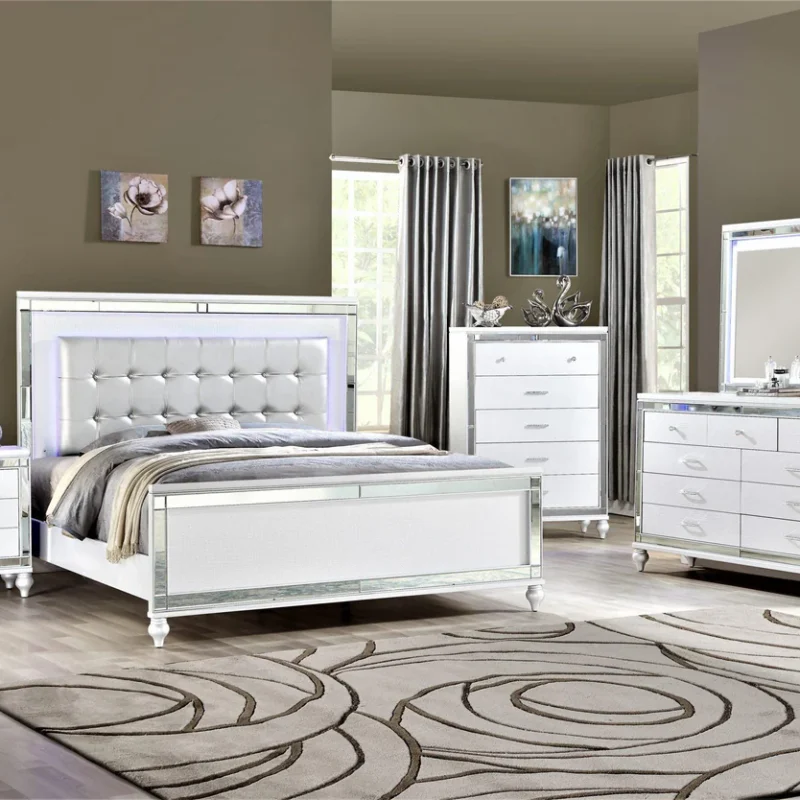 Valentino B9698 5pc Bedroom Set in White ( BA9698W-310-BA9698W-320-BA9698W-330 Queen Bed/,B9698W-050 Dresser/, B9698W-060L Mirror/, B9698W-040 Night Stand/, B9698W-070 Chest)