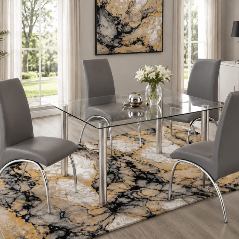 Modern Glass Dining Table with 4 Grey Chairs 2400/1525