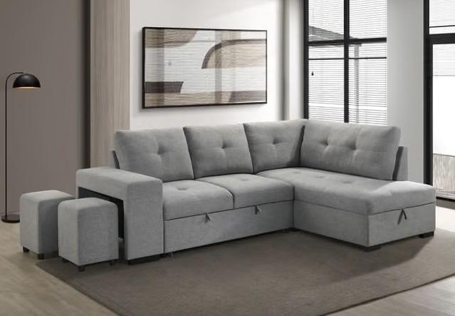 Breeze Collection L-Shaped Upholstery Sectional Sleeper w/ 2 Ottoman- Grey