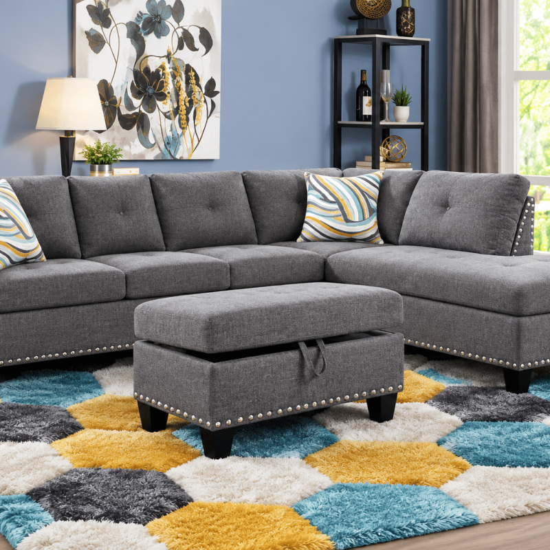 F09919B L-Shaped Grey 67" Sectional Sofa w/ Right Chaise & Ottoman