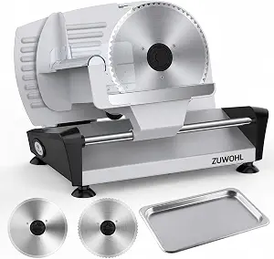 Borlebbi Meat Slicer Machine for Home, 200W Food Slicer with Two 7.5" Blades 200W DC Motor, 2 Removable 7.5" Stainless Steel Blades, Stainless Steel Tray, Child Lock, 0-15 mm Adjustable Thickness